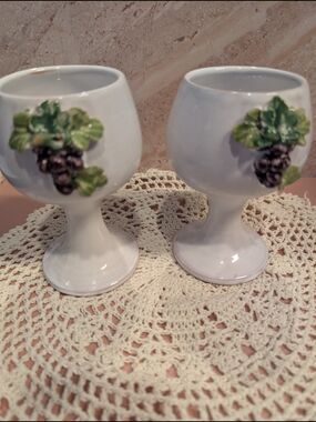 White Ceramic Goblet Set with Grapevine Accent Vintage Napoli